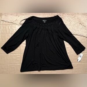 AB Studio Black Pleated Neck Top shirt L Large 3/4 Sleeve Stretch NWT
